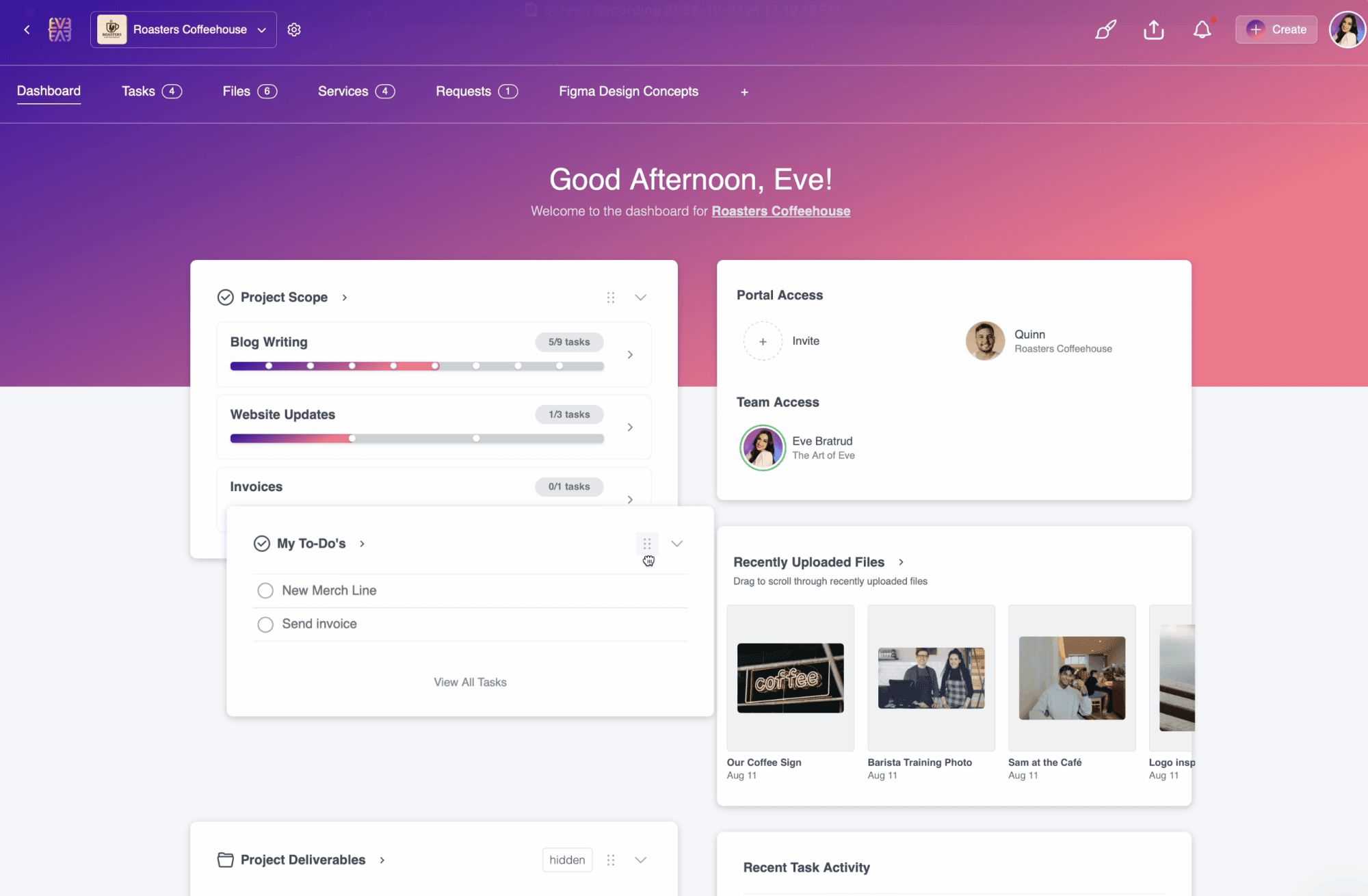 A client account dashboard with a custom widget order