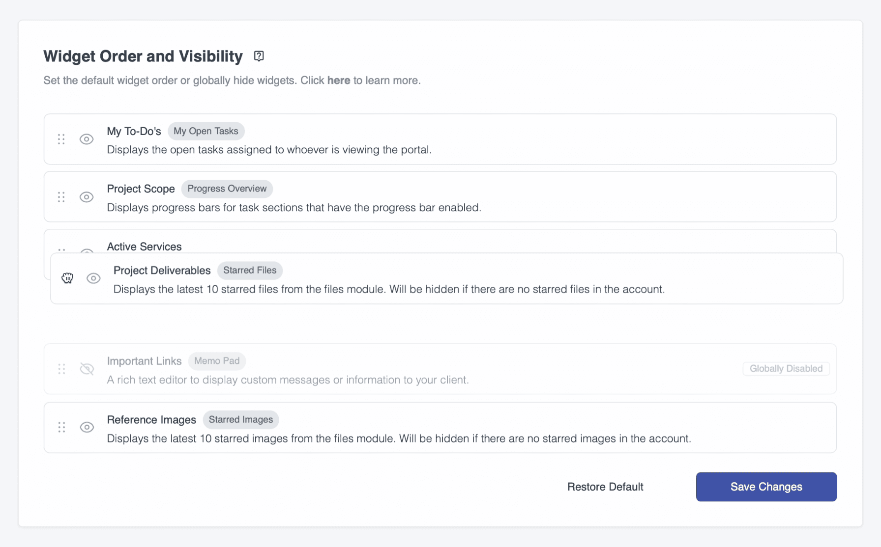 Dragging dashboard widgets into a new default order