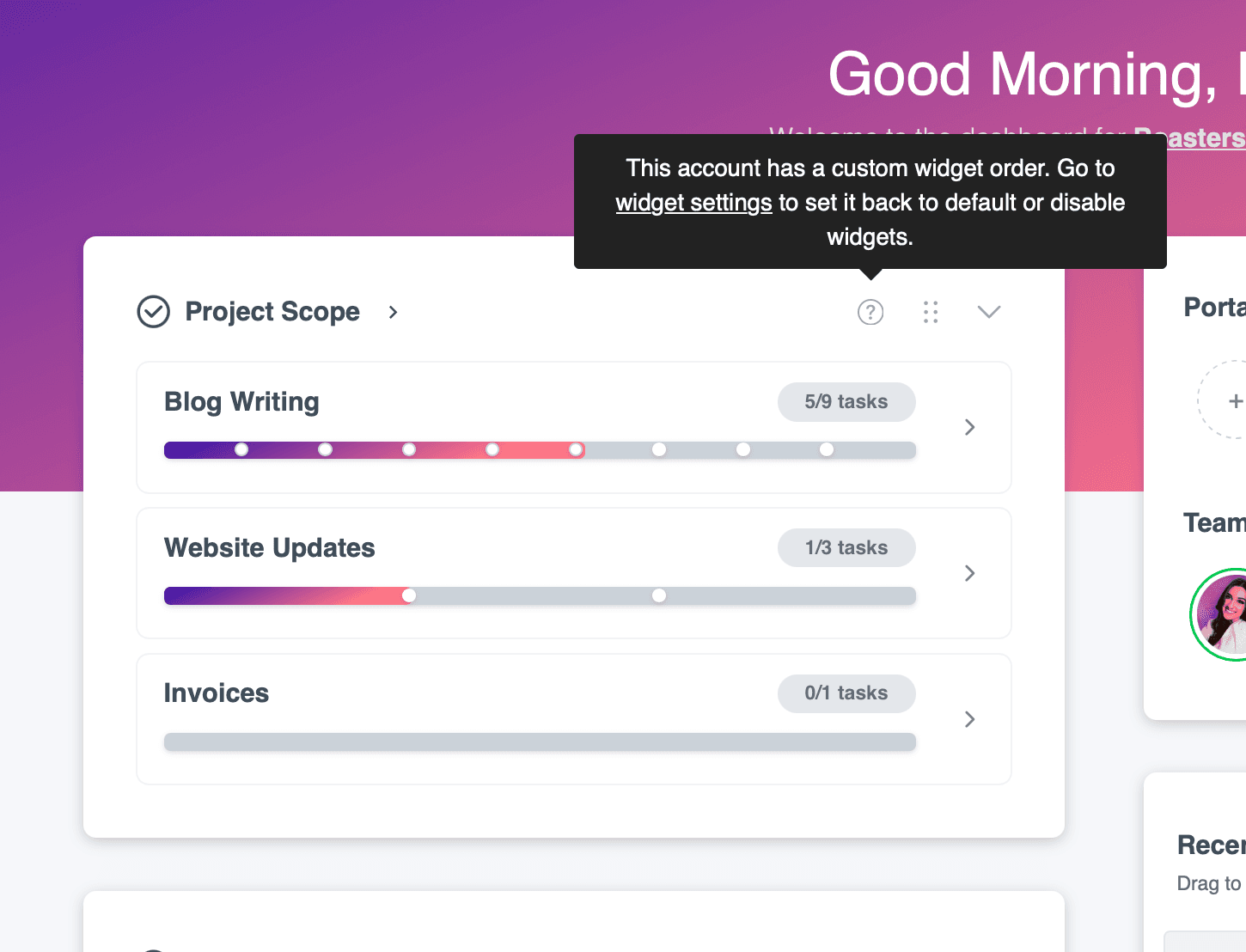 The widget help control used to open dashboard widget settings