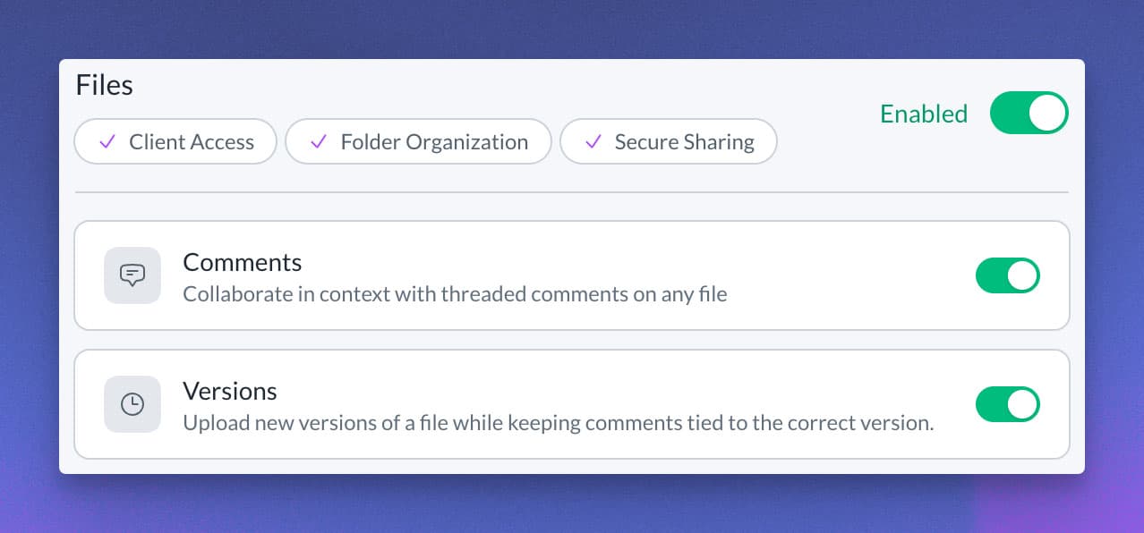 An image of the feature control in Sydnee which allows users to turn off or on the comments and versions.