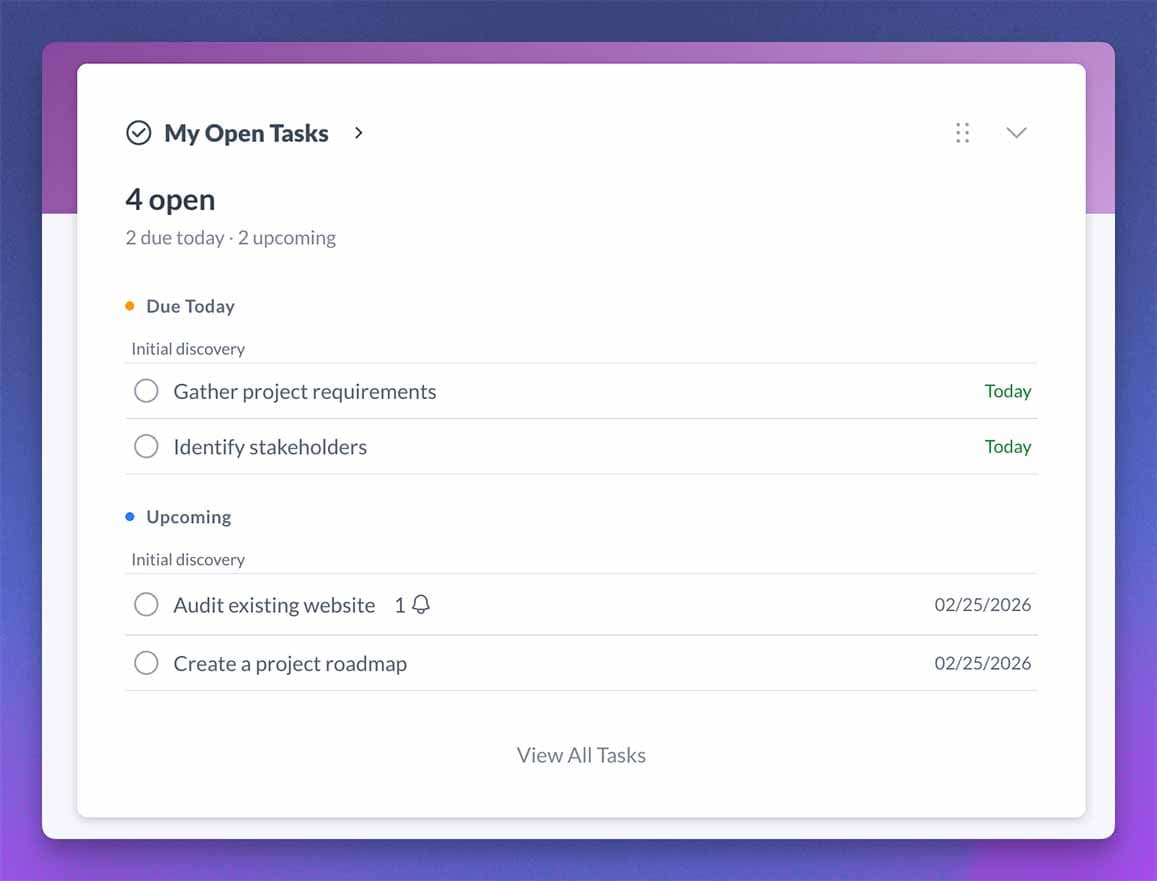 The updated account dashboard task widget, sorted by task urgency and what is assigned to you.