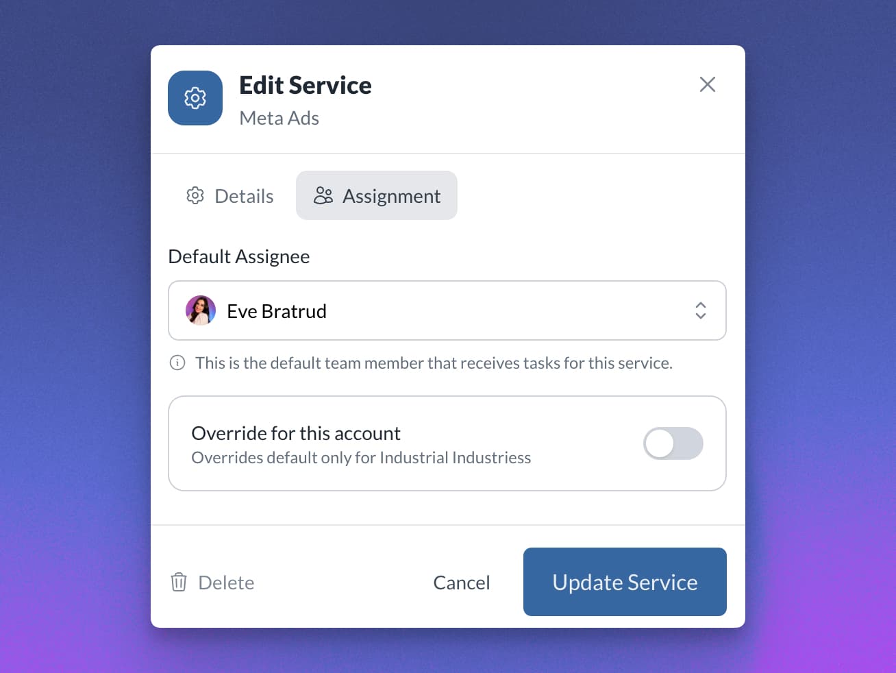 This is a screenshot showing the Assignment settings in the service showcase. It allows users to assign a team member to be assigned on any tasks coming from a specific service.