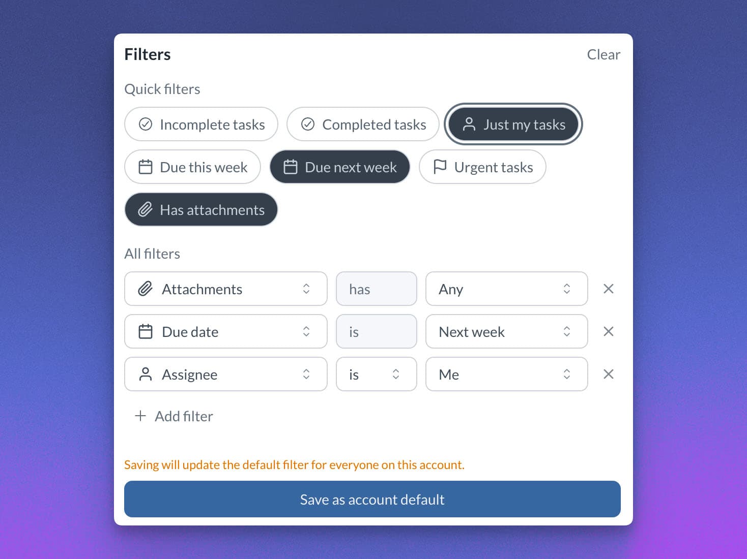 A screen shot of the filter settings in the task module.