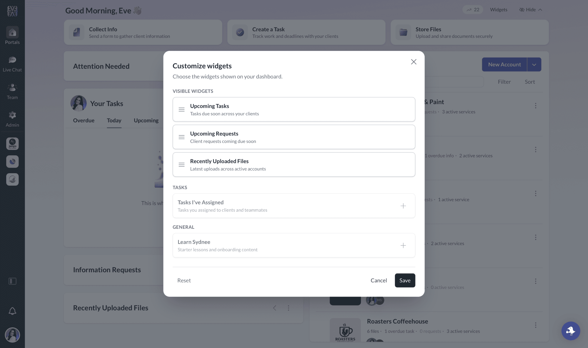A customizable Sydnee dashboard with widgets for client work