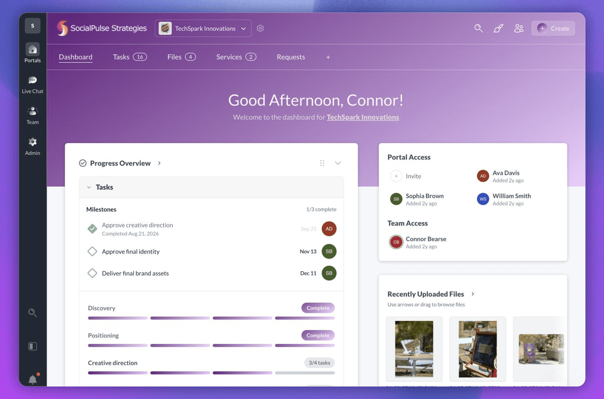 A client portal showing organized tasks, milestones, and work status