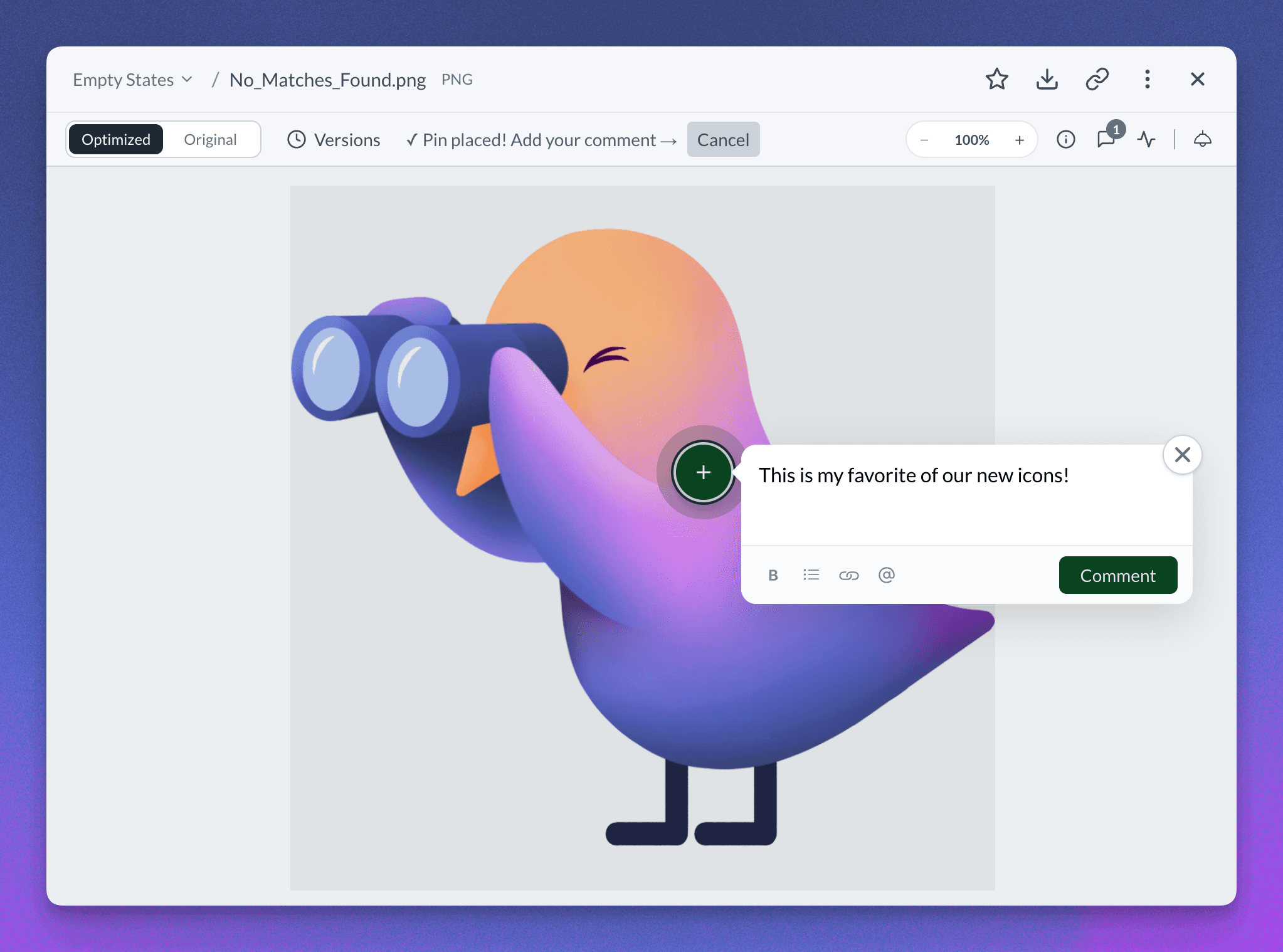 A file viewer with a comment composer open beside a green pin over an image preview