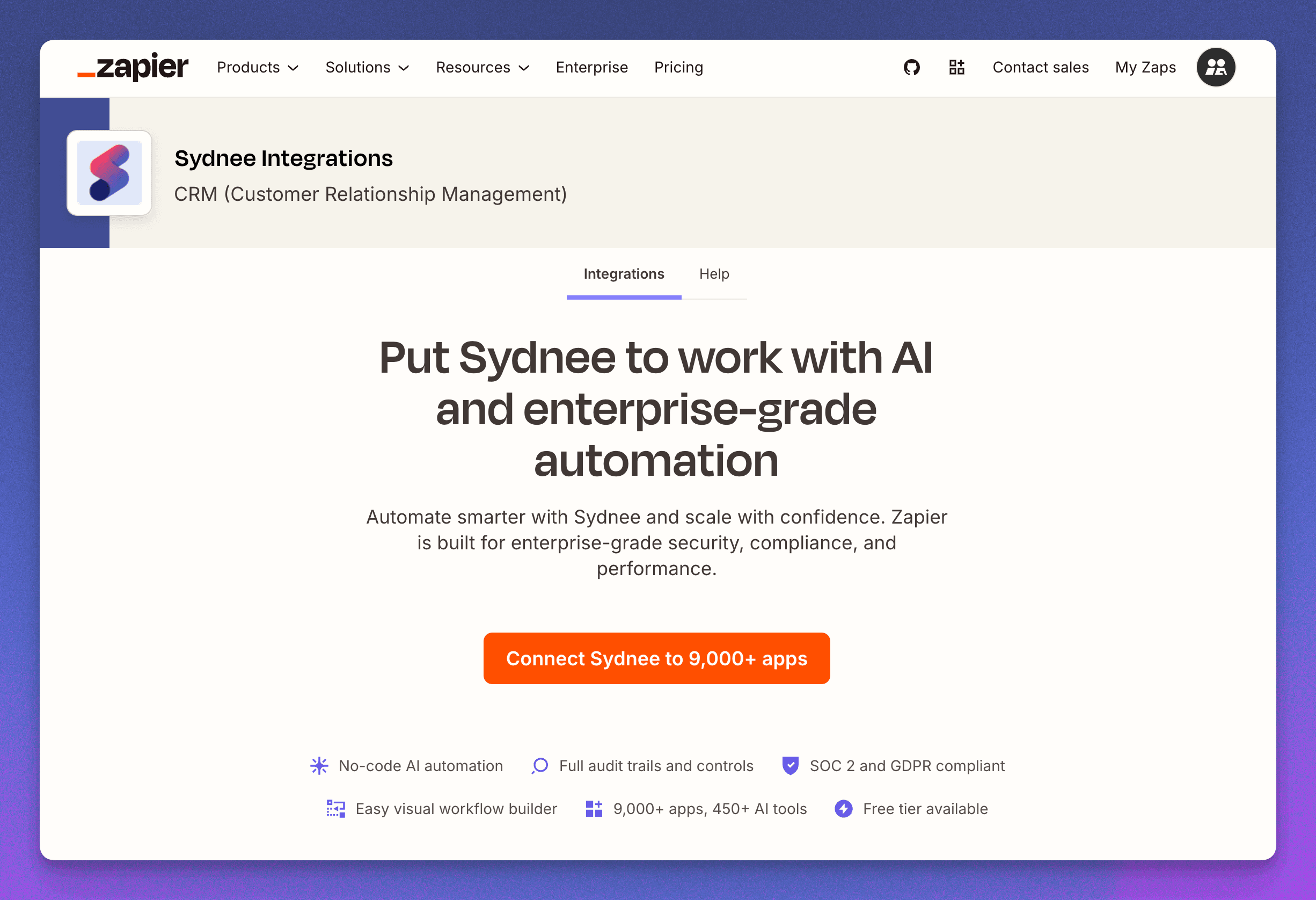The Sydnee integrations page on Zapier, with an option to connect Sydnee to more than 9,000 apps