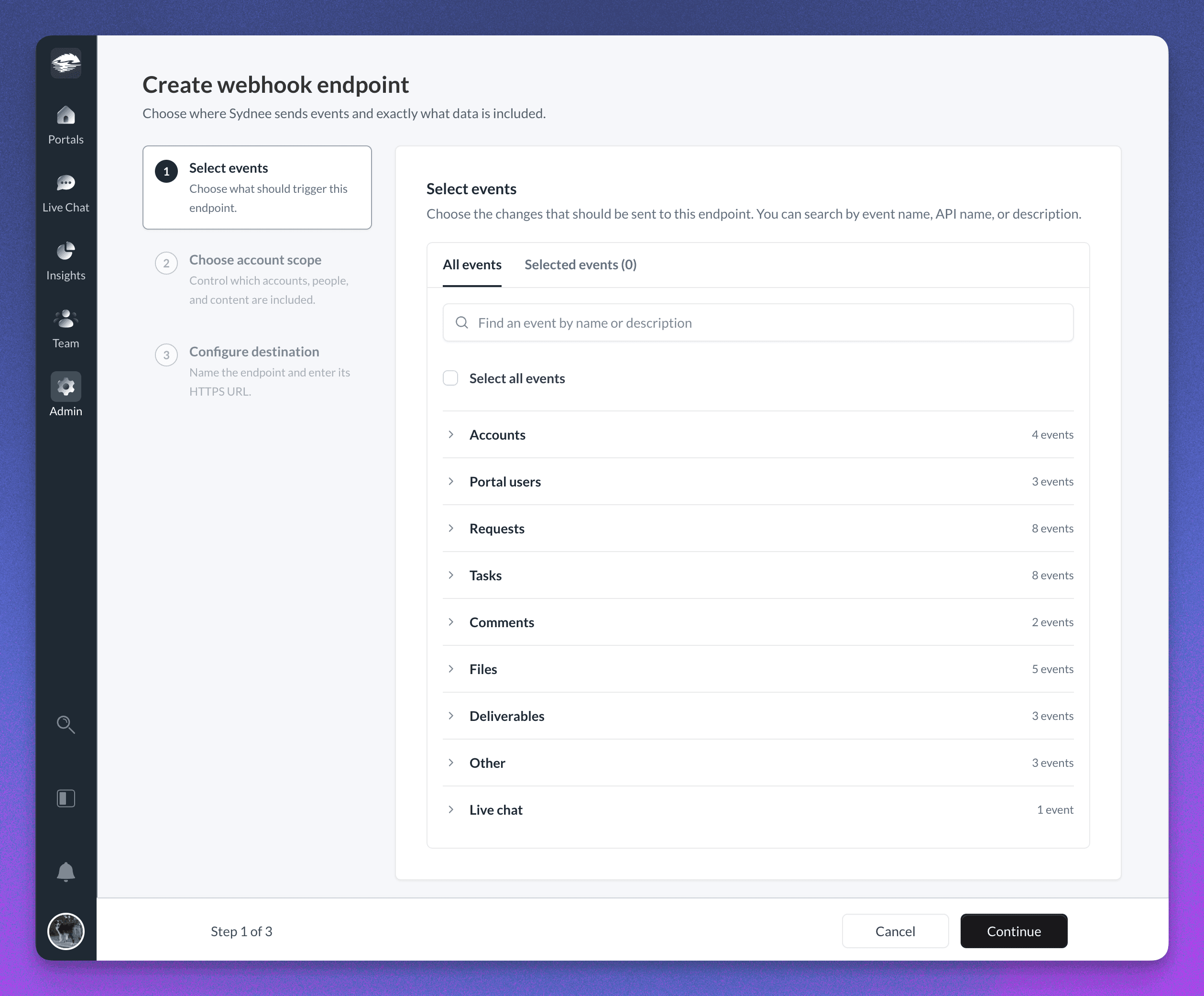 The first step of creating a webhook endpoint in Sydnee, showing searchable event categories for accounts, portal users, Requests, tasks, comments, files, Deliverables, and Live Chat