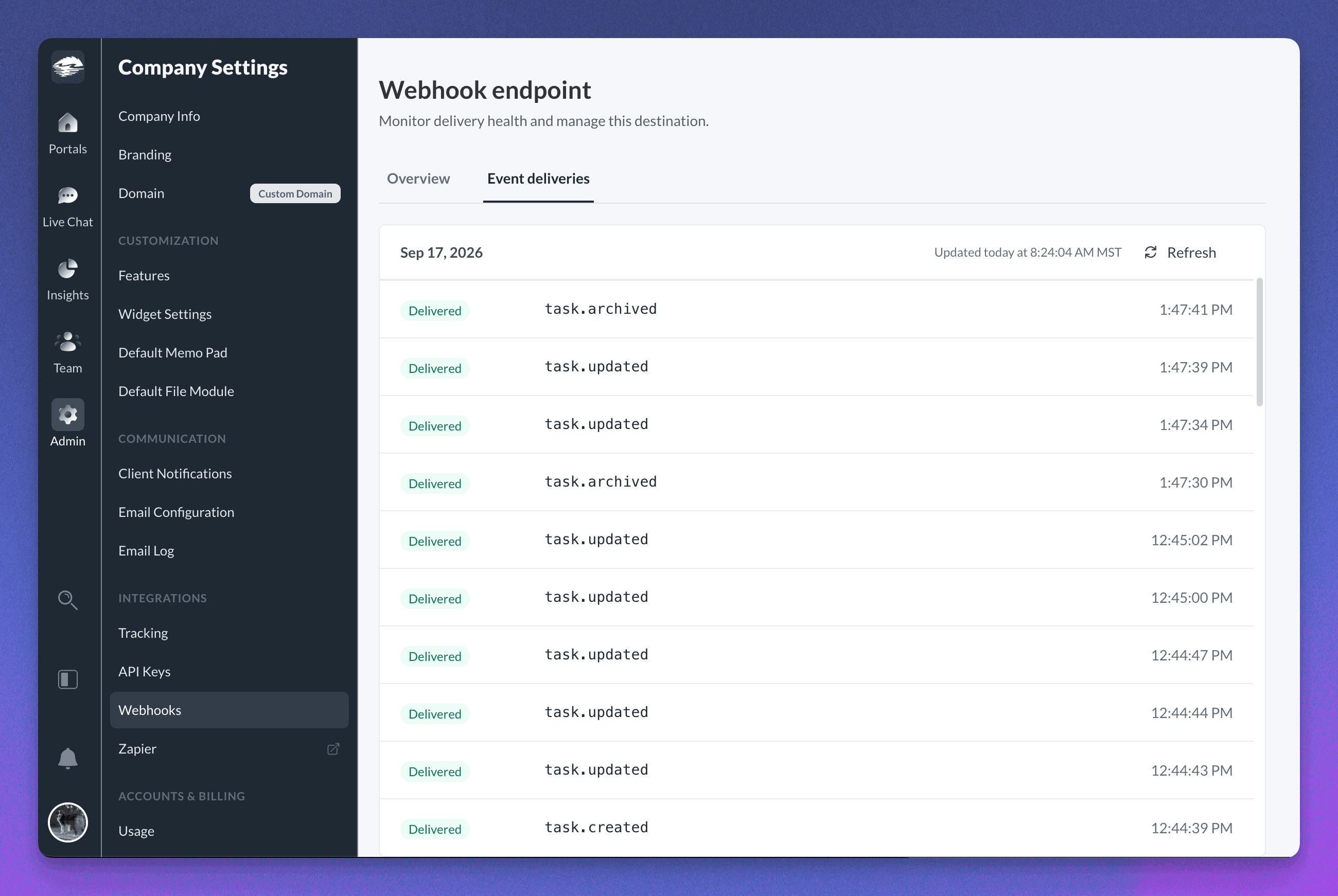 A Sydnee webhook endpoint delivery history showing successfully delivered task events
