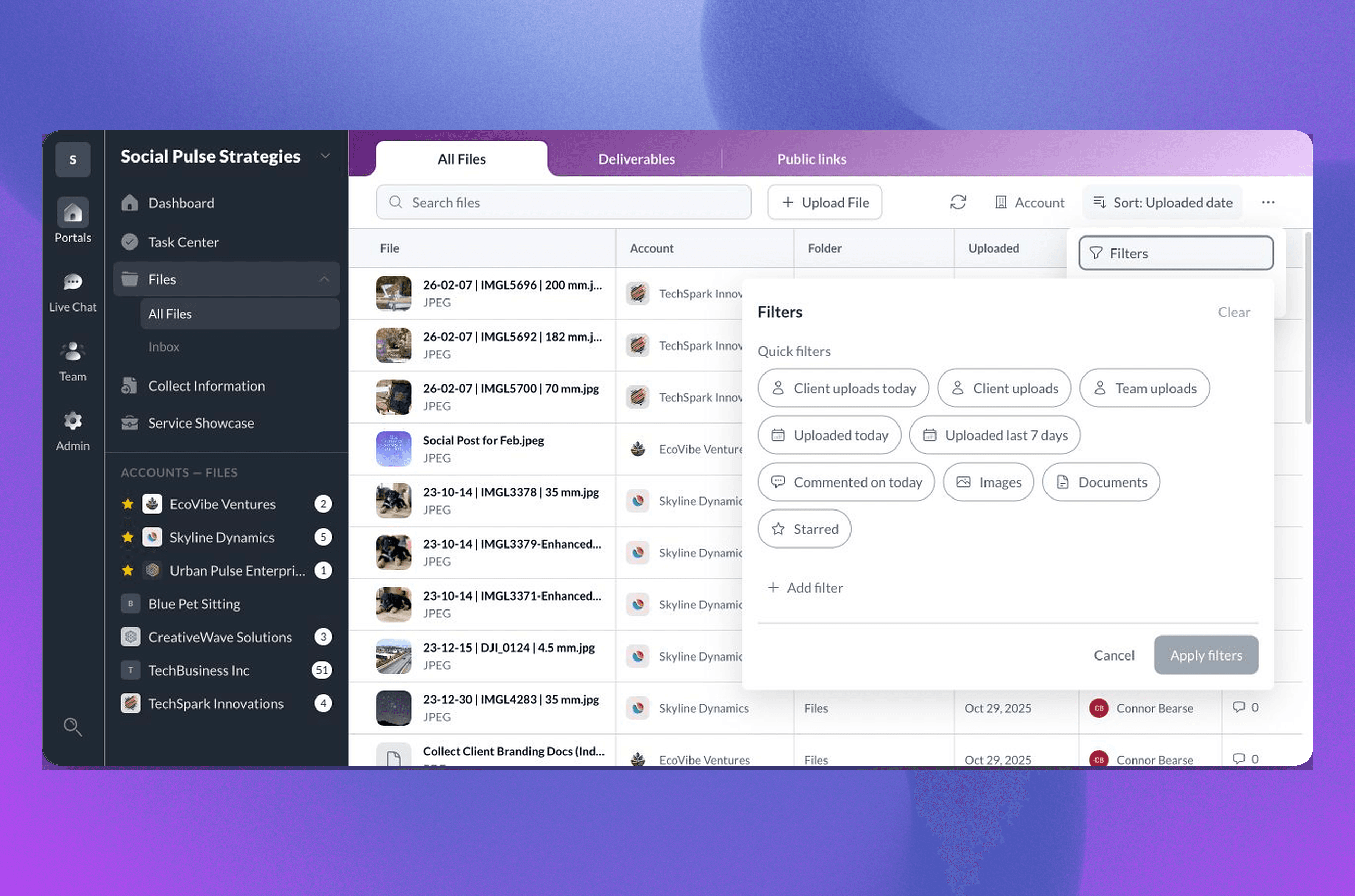 The All Files workspace showing cross-account file results and quick filters for client uploads, dates, comments, and file types