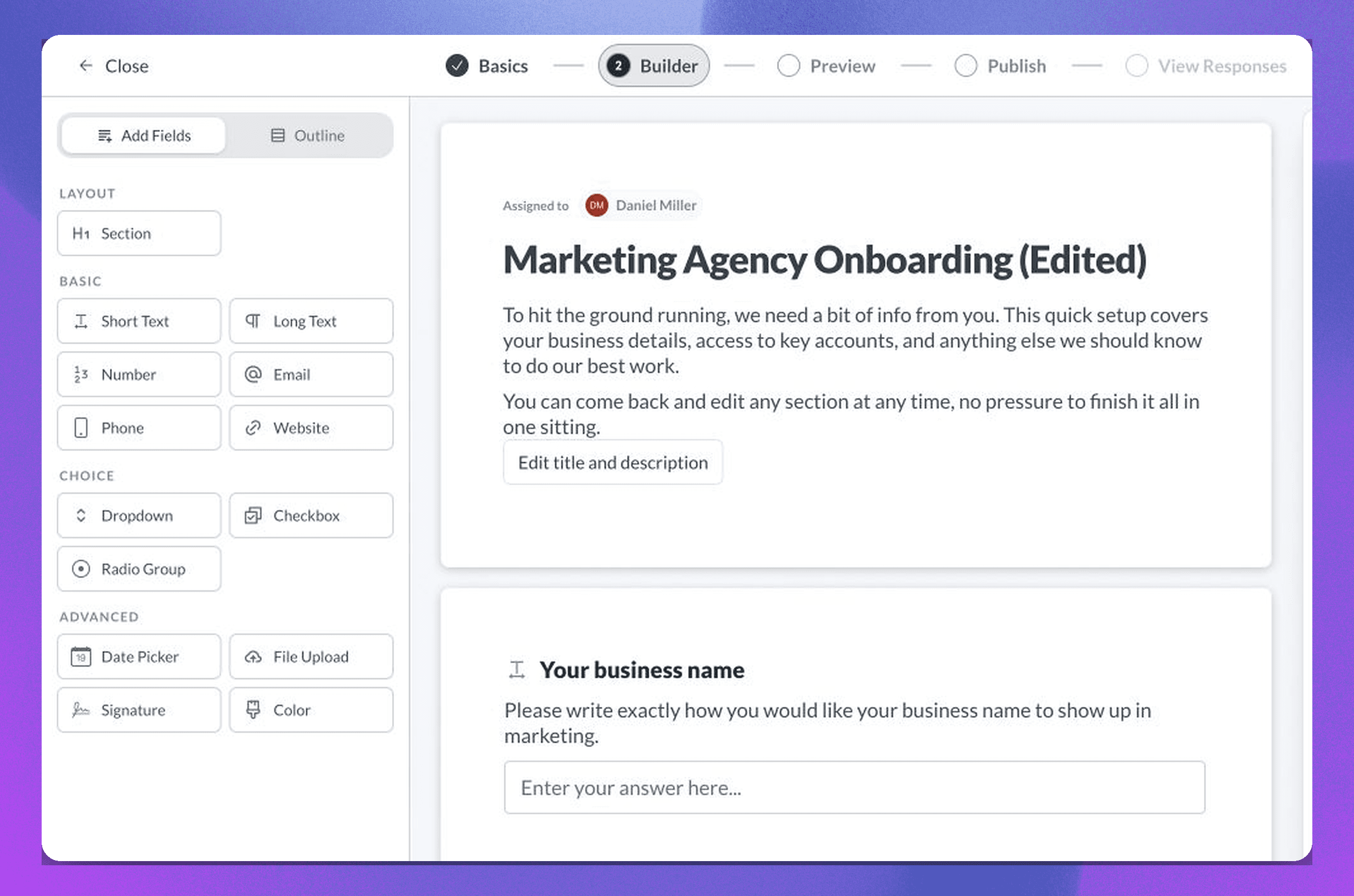 The Sydnee Request builder showing available field types beside a marketing agency onboarding form