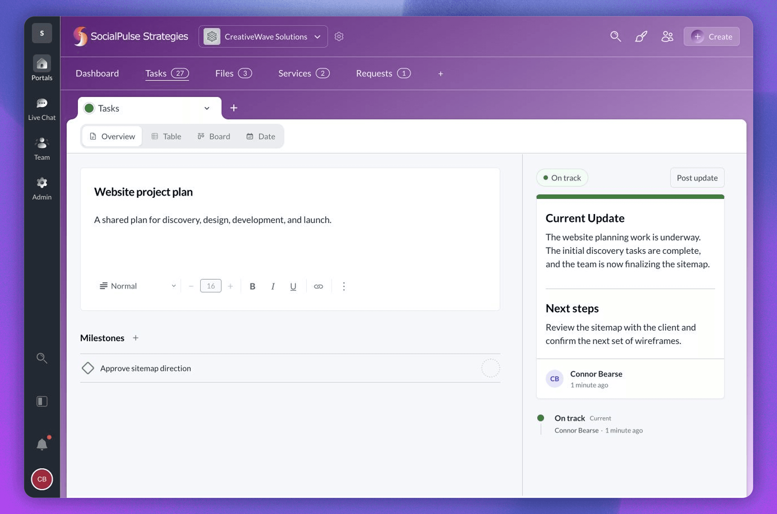 A Task Board Overview with a milestone, current status, next steps, and update history
