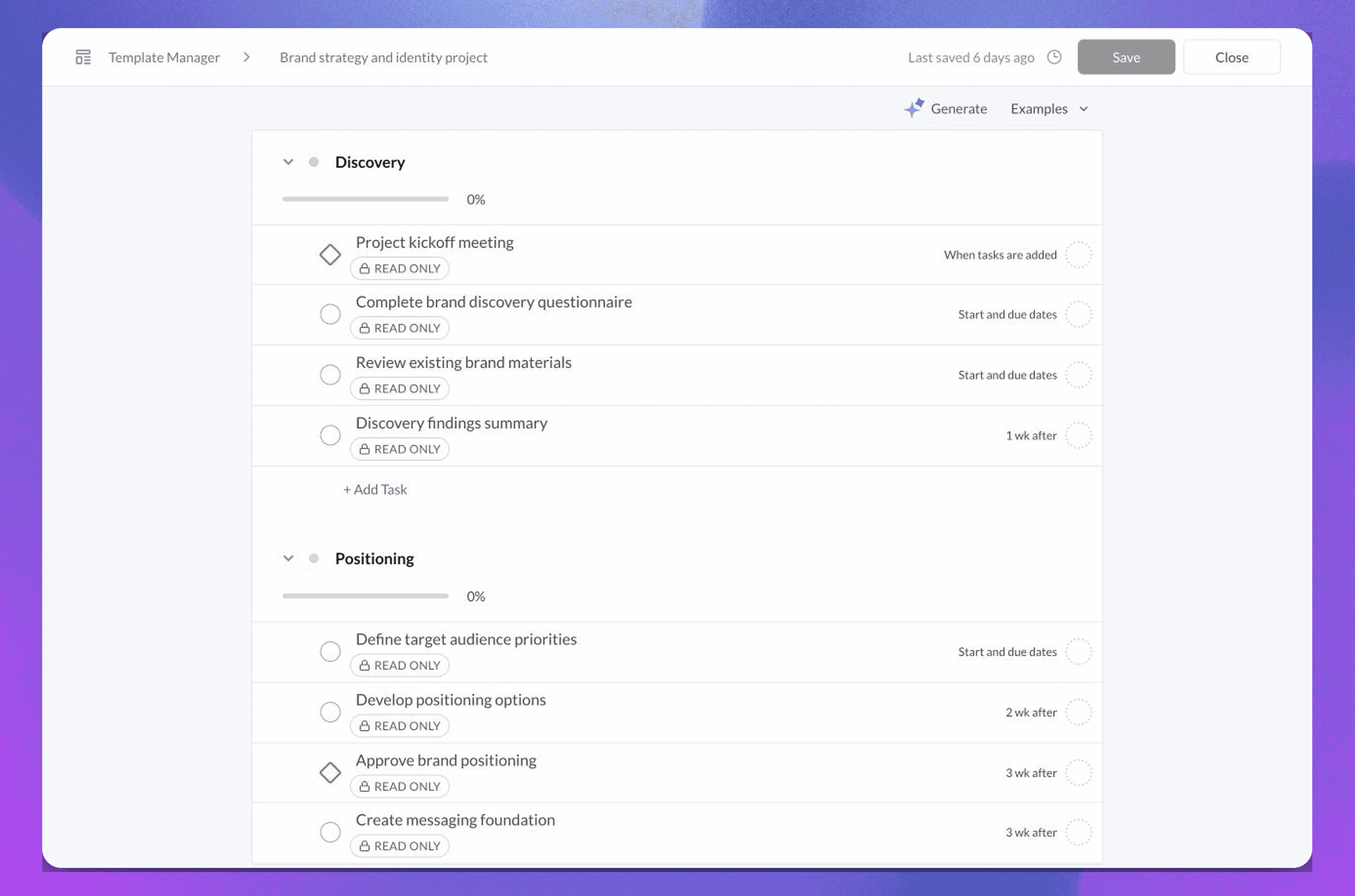The Sydnee Task template editor showing reusable sections, milestones, tasks, and relative due dates