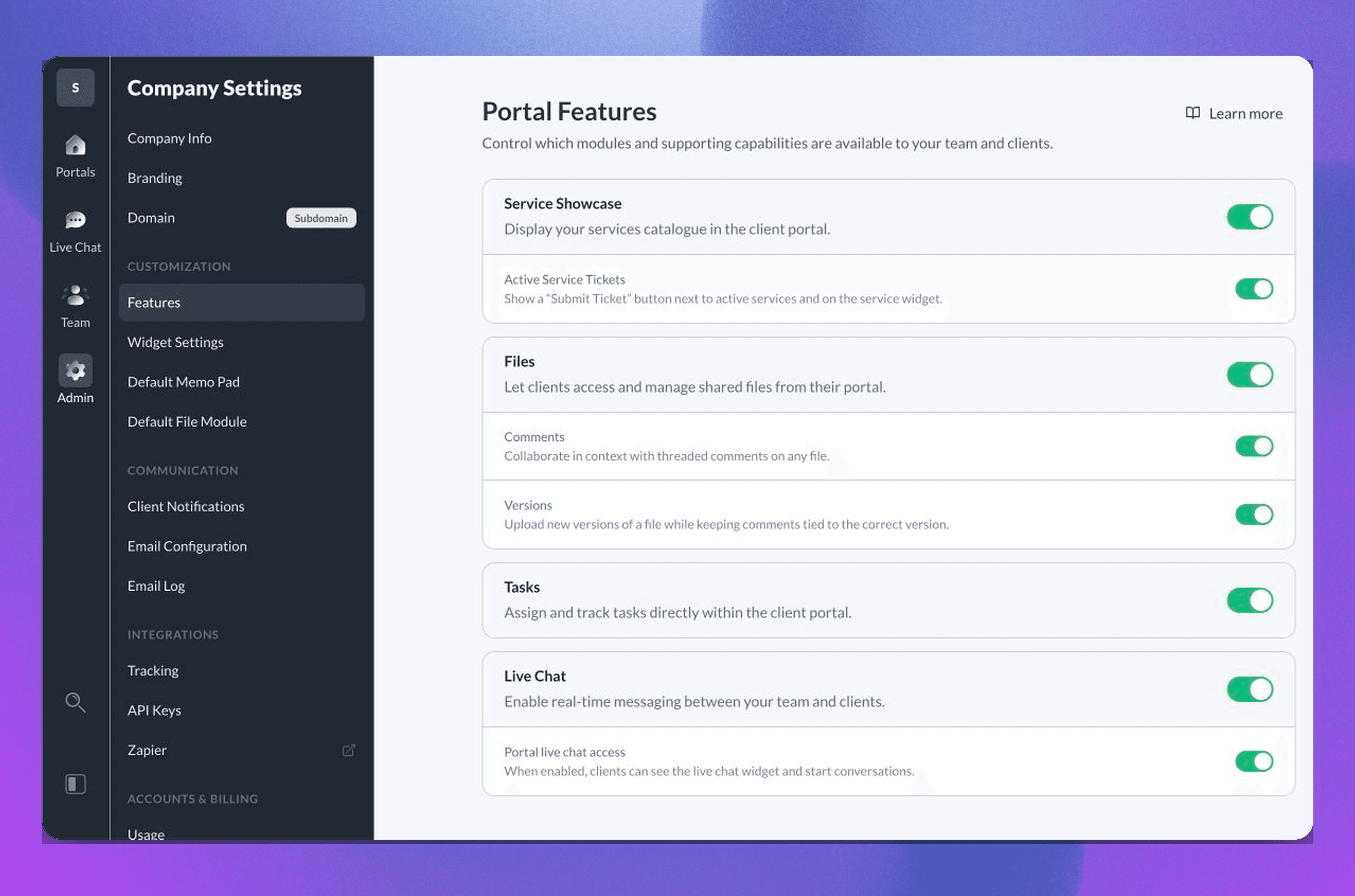 Sydnee Portal Features settings showing client-facing module and supporting capability controls
