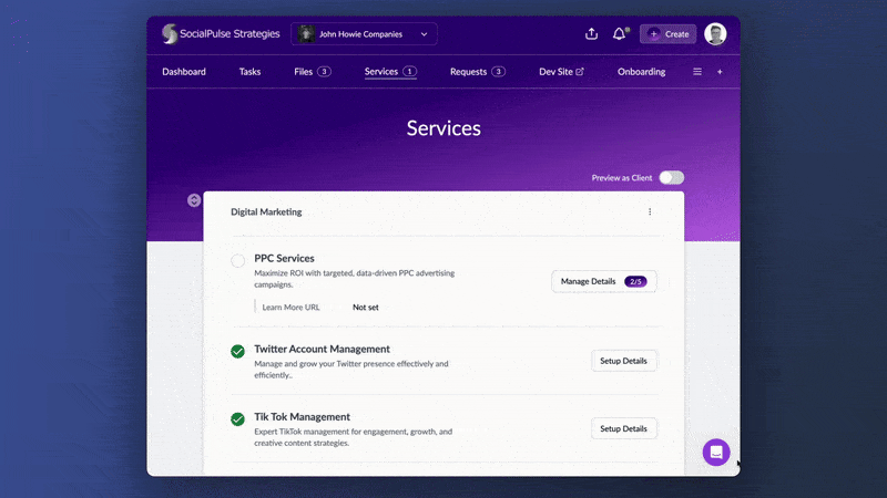 Previewing active and available services in Service Showcase