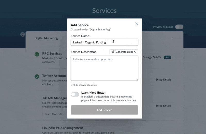 Generating a service description using AI in a Sydnee Client Portal
